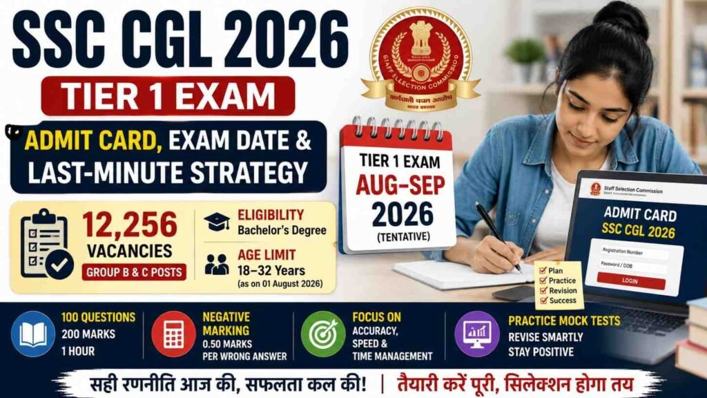 SSC CGL 2026 Tier 1 परीक्षा, एडमिट कार्ड, परीक्षा तिथि, एग्जाम पैटर्न और अंतिम समय की तैयारी से जुड़ी पूरी जानकारी।