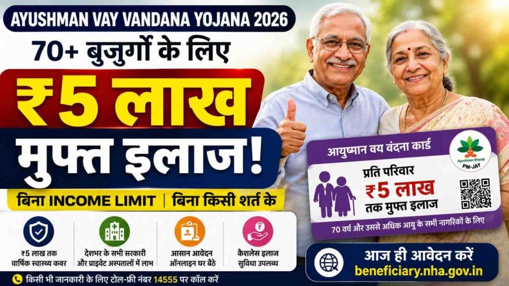 Ayushman Vay Vandana Yojana 2026 के तहत 70 वर्ष या उससे अधिक आयु के वरिष्ठ नागरिकों को ₹5 लाख तक मुफ्त इलाज की सुविधा।