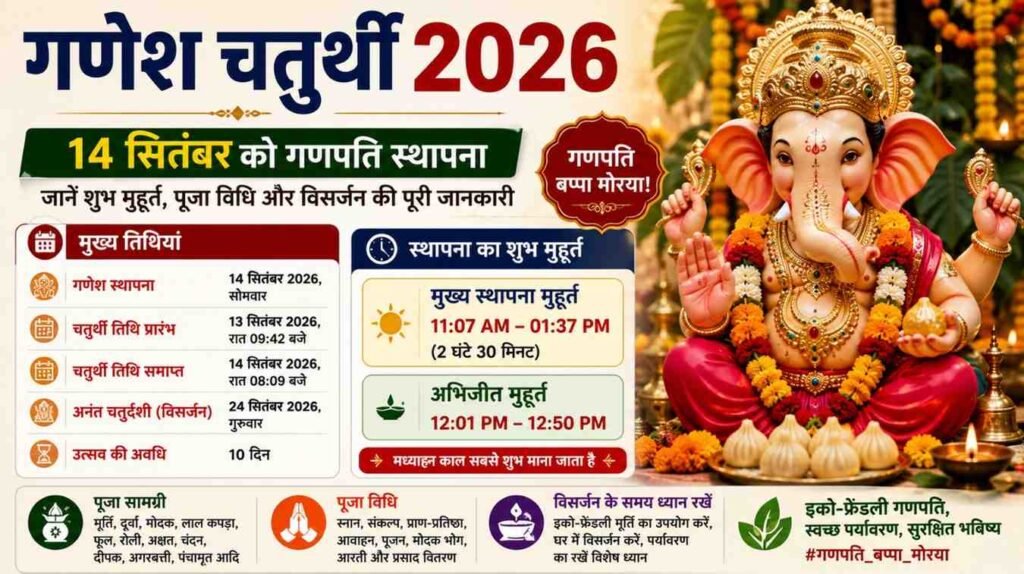 Ganesh Chaturthi 2026 पर गणपति स्थापना का शुभ मुहूर्त, पूजा विधि और विसर्जन की जानकारी।