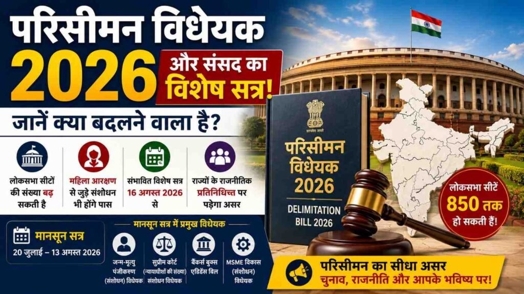 Delimitation Bill 2026 और संसद के संभावित विशेष सत्र को लेकर जानकारी।