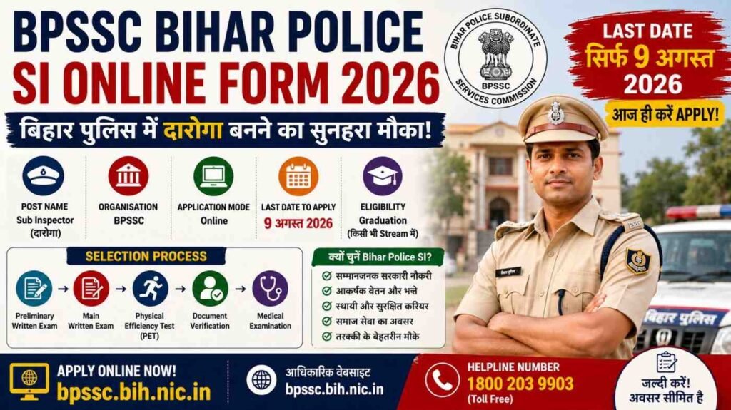 BPSSC Bihar Police SI Online Form 2026 भर्ती, आवेदन की अंतिम तिथि, चयन प्रक्रिया और ऑनलाइन आवेदन की जानकारी।
