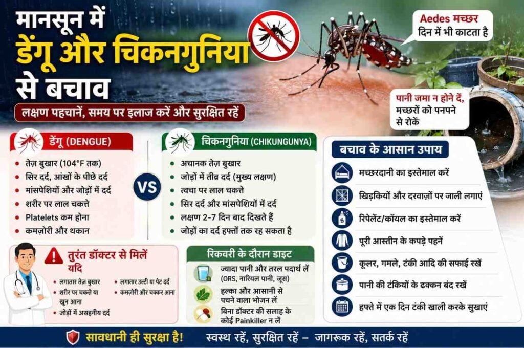 मानसून में डेंगू और चिकनगुनिया से बचाव, लक्षण और मच्छरों से सुरक्षा के उपाय।
