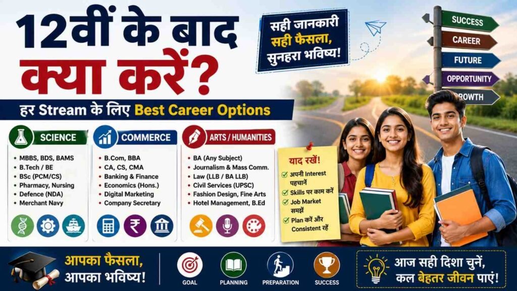 12वीं के बाद Science, Commerce और Arts छात्रों के लिए बेस्ट Career Options और Courses की जानकारी।
