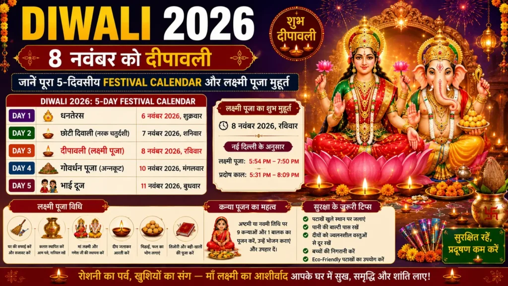 Diwali 2026 का पूरा Festival Calendar और Lakshmi Puja Muhurat की जानकारी