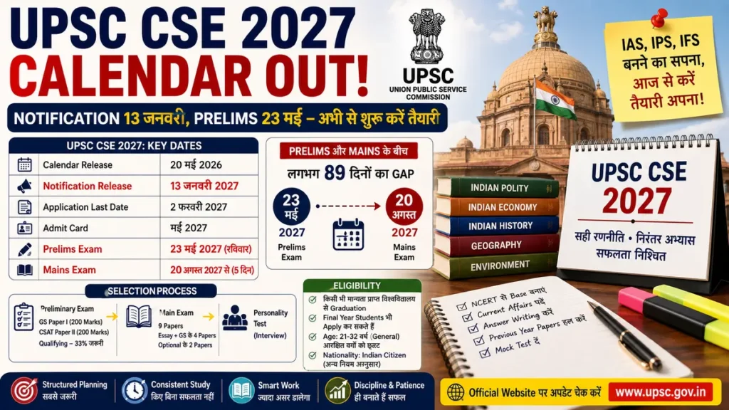 UPSC CSE 2027 Calendar में 13 जनवरी Notification और 23 मई Prelims की तारीख की जानकारी