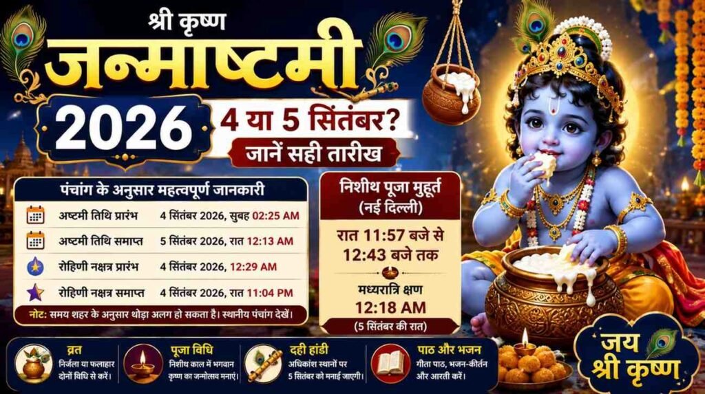 जन्माष्टमी 2026 की सही तारीख, निशीथ पूजा मुहूर्त, व्रत और पूजा विधि की जानकारी।