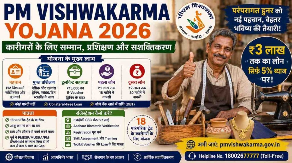PM Vishwakarma Yojana 2026 के तहत कारीगरों को ₹3 लाख तक का लोन, मुफ्त ट्रेनिंग और ₹15,000 टूलकिट सहायता।
