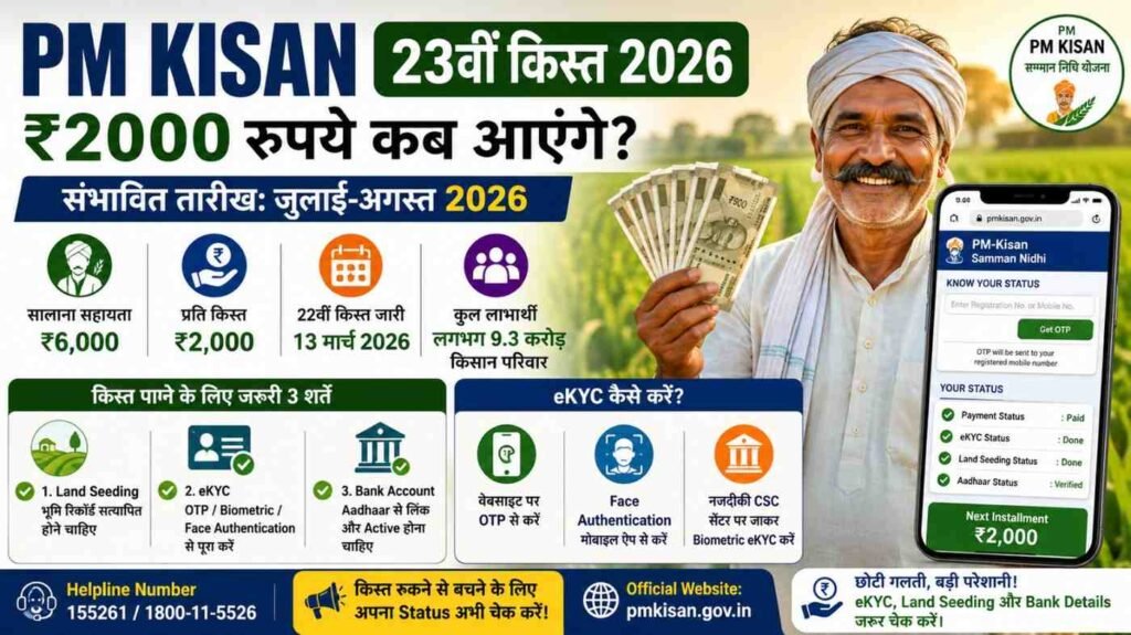 PM Kisan 23वीं किस्त 2026 की संभावित तारीख, ₹2,000 की अगली किस्त, eKYC और Beneficiary Status की जानकारी।