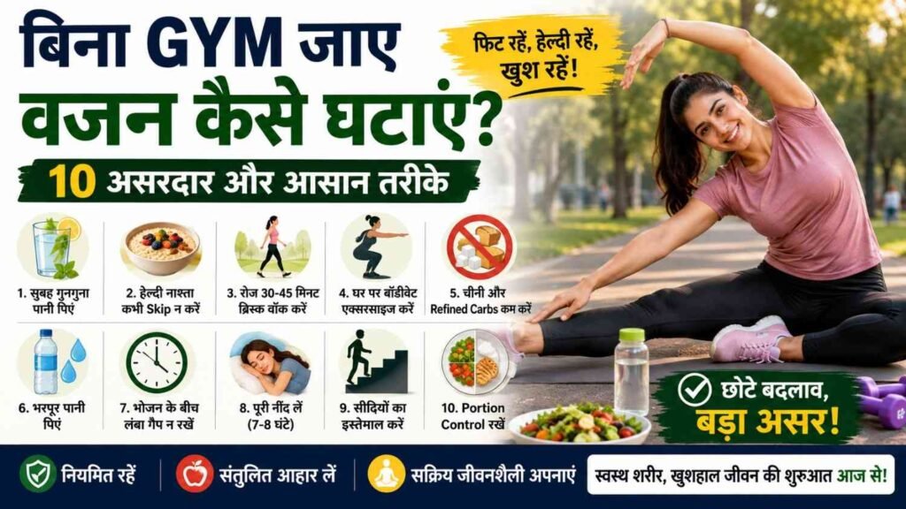 बिना Gym जाए वजन कम करने के लिए घर पर एक्सरसाइज, वॉकिंग और हेल्दी डाइट अपनाते लोग।